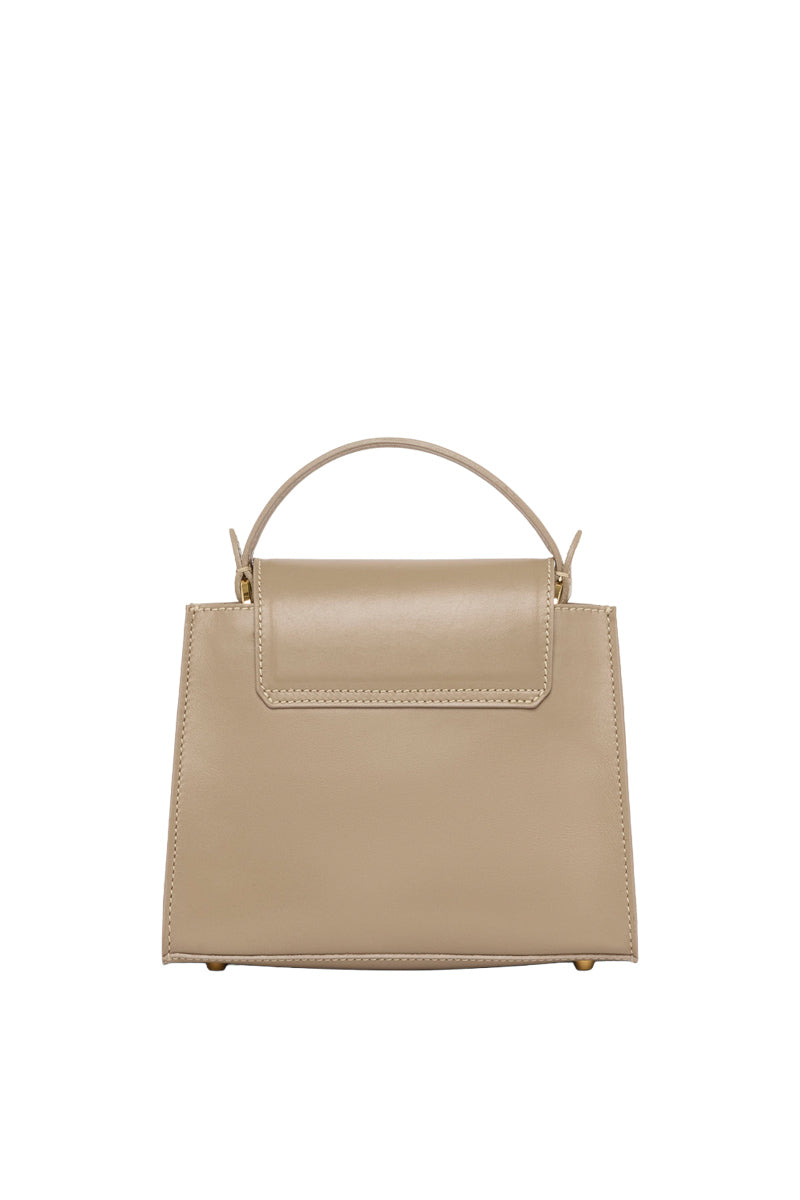 TUSTING Clara taupe top handle bag with structured design and sleek handle, made of smooth leather.