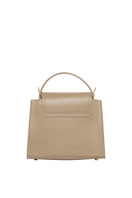 Taupe TUSTING Clara top handle bag with structured design and sleek handles, shown from the front.