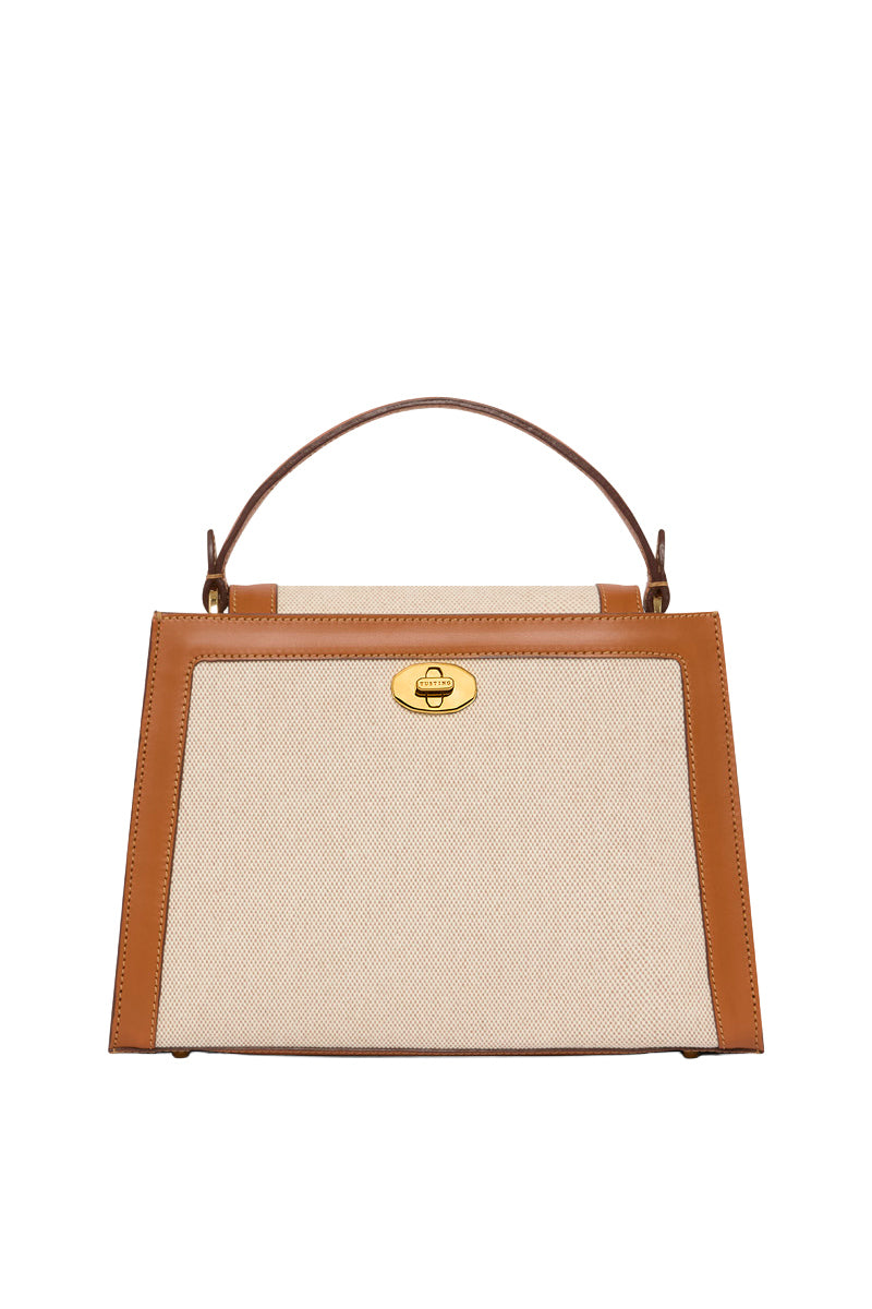 TUSTING Clara Grande in Como canvas top handle bag with tan trim, showing its spacious design and elegant craftsmanship.