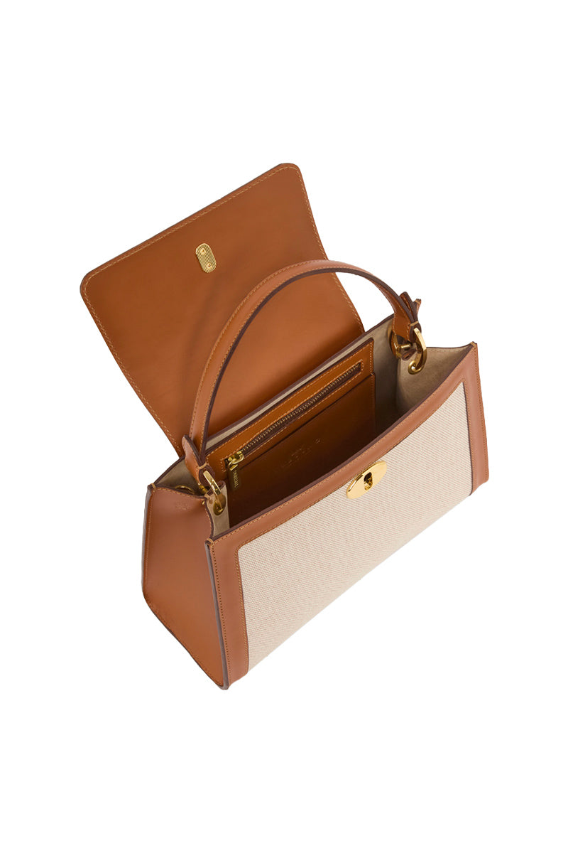 TUSTING Clara Grande Como canvas top handle bag with tan trim, featuring spacious interior and elegant design.