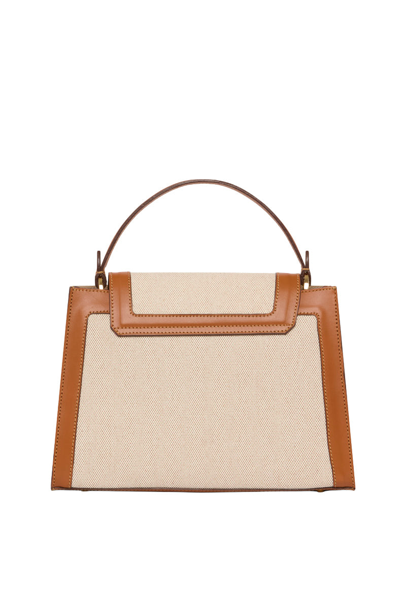TUSTING Clara Grande Como canvas top handle bag with tan trim, showcasing spacious design and elegant craftsmanship.