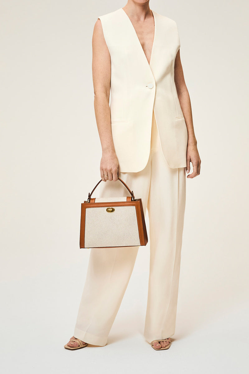 TUSTING Clara Grande in Como canvas top handle bag with tan trim, featuring a spacious design and elegant craftsmanship.