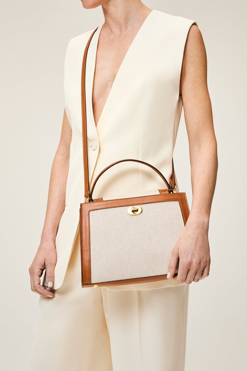 TUSTING Clara Grande in Como canvas top handle bag with tan trim, showcasing a spacious design and elegant detailing.