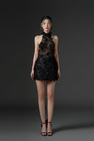 Black ASAD lace flower and feather mini dress by 21Six, featuring intricate lace details and elegant feather accents.
