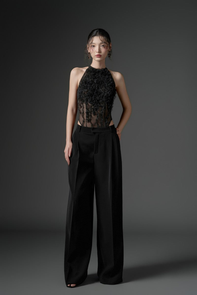 Black Jambari tulle ruffles top paired with Majmat crepe straight pants from 21Six co-ords set, featuring ruffled details and tailored fit.