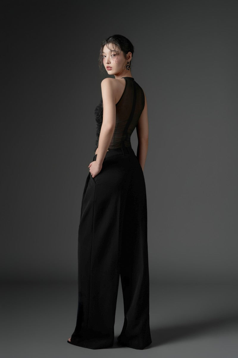 Black Jambari Tulle Ruffles Top and Majmat Crepe Straight Pants co-ords by 21Six, featuring ruffled tulle detail and sleek crepe fabric.