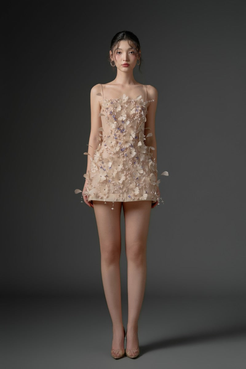 Beige DULFINE Tulle Feather Flower Dress by 21Six, a stylish mini dress with delicate feather details and a flowy silhouette.