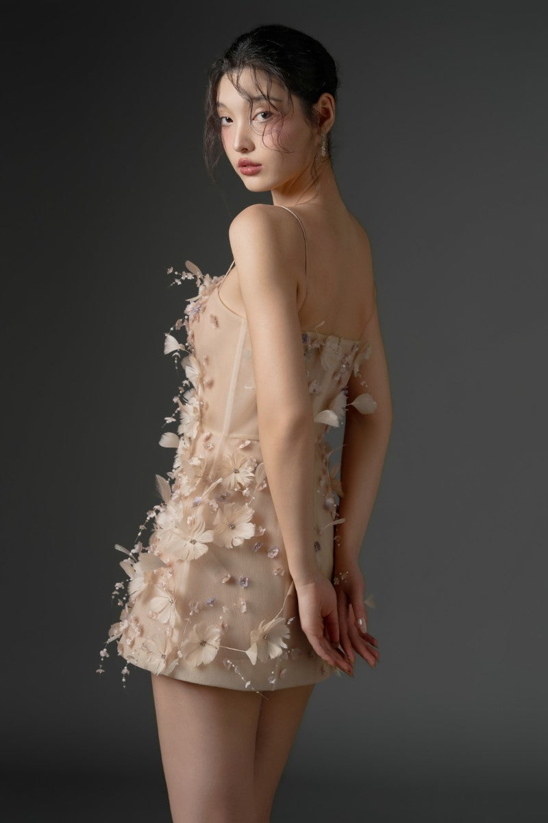 Beige DULFINE Tulle Feather Flower Dress by 21Six, a stylish mini dress with delicate feather details and a flowing tulle design.