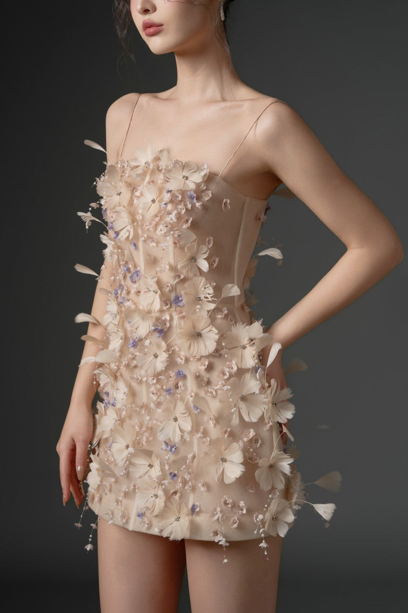 Beige DULFINE Tulle Feather Flower Dress by 21Six, a stylish mini dress with delicate feather details and flowing tulle fabric.