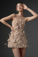 Beige DULFINE Tulle Feather Flower Dress mini dress by 21Six, featuring delicate tulle fabric and floral feather details.