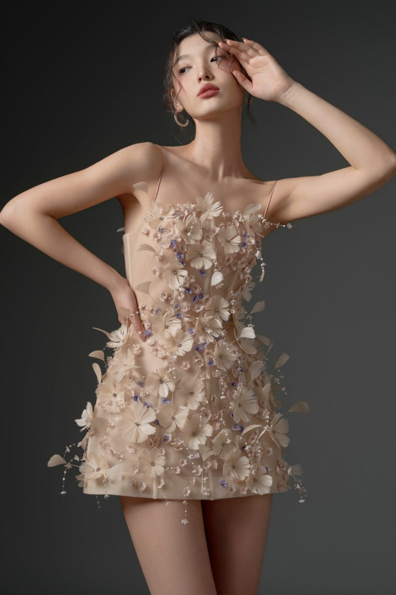 Beige DULFINE Tulle Feather Flower Dress mini dress by 21Six, featuring delicate tulle fabric and floral feather details.