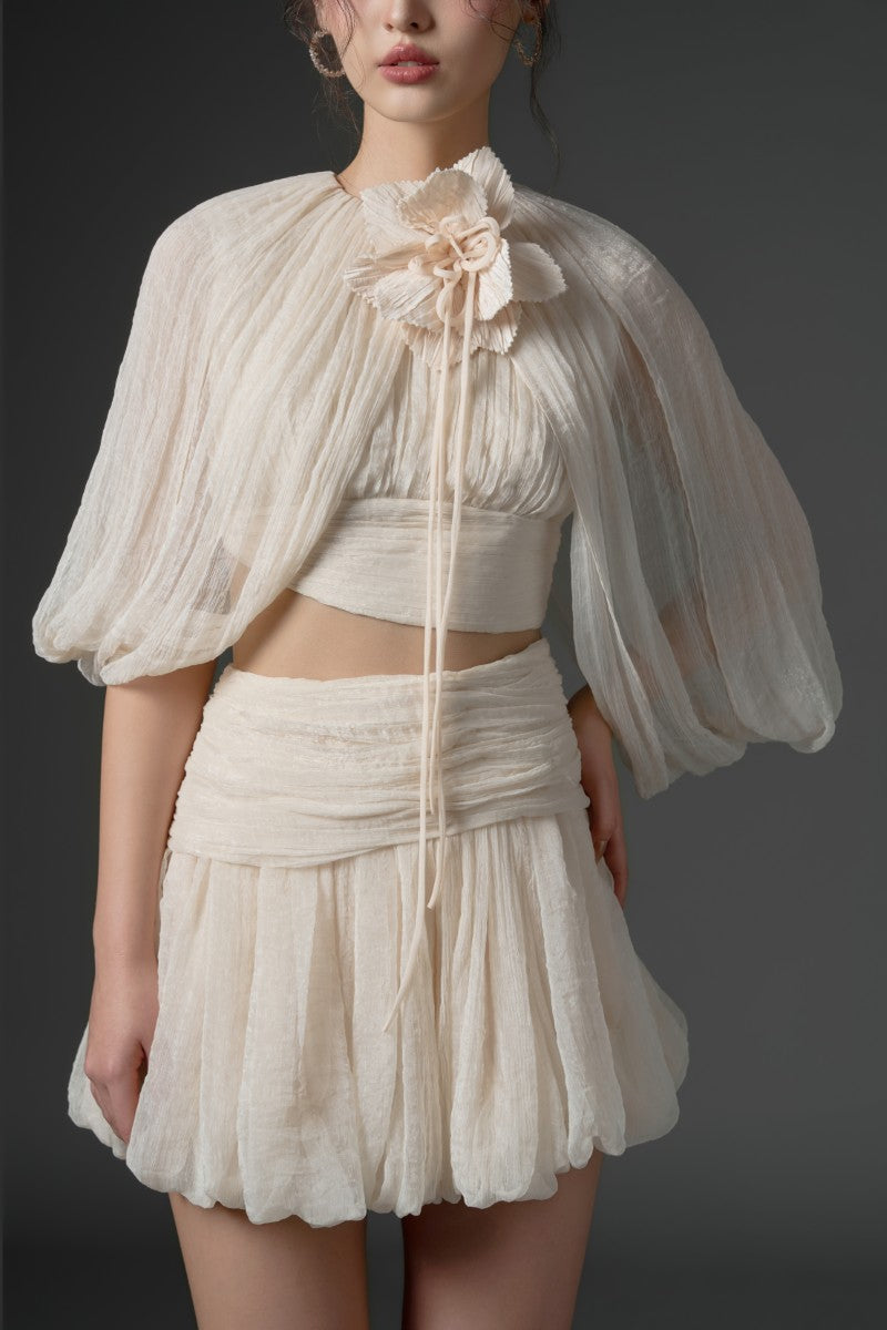 Beige silk cut-out mini dress from 21Six QIRSH collection, featuring stylish design and elegant fit.