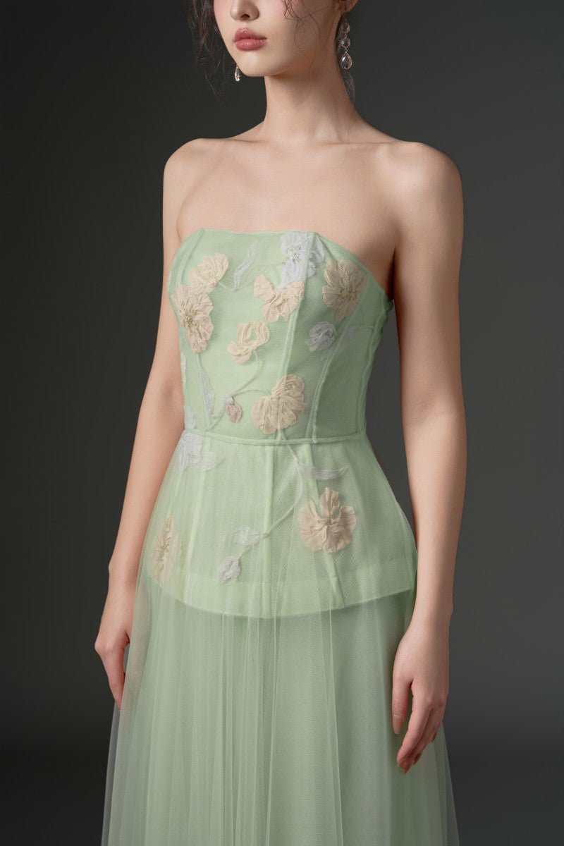 Mint tulle flower gown by 21Six featuring delicate floral embellishments and a flowing, elegant design.