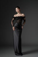 Black NAMLA lace and silk satin gown by 21Six featuring elegant draping and intricate lace details.