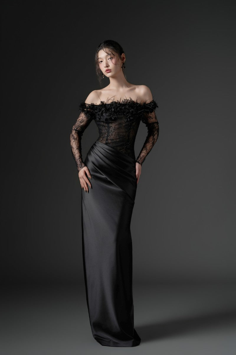 Black NAMLA lace and silk satin gown by 21Six featuring elegant draping and intricate lace details.