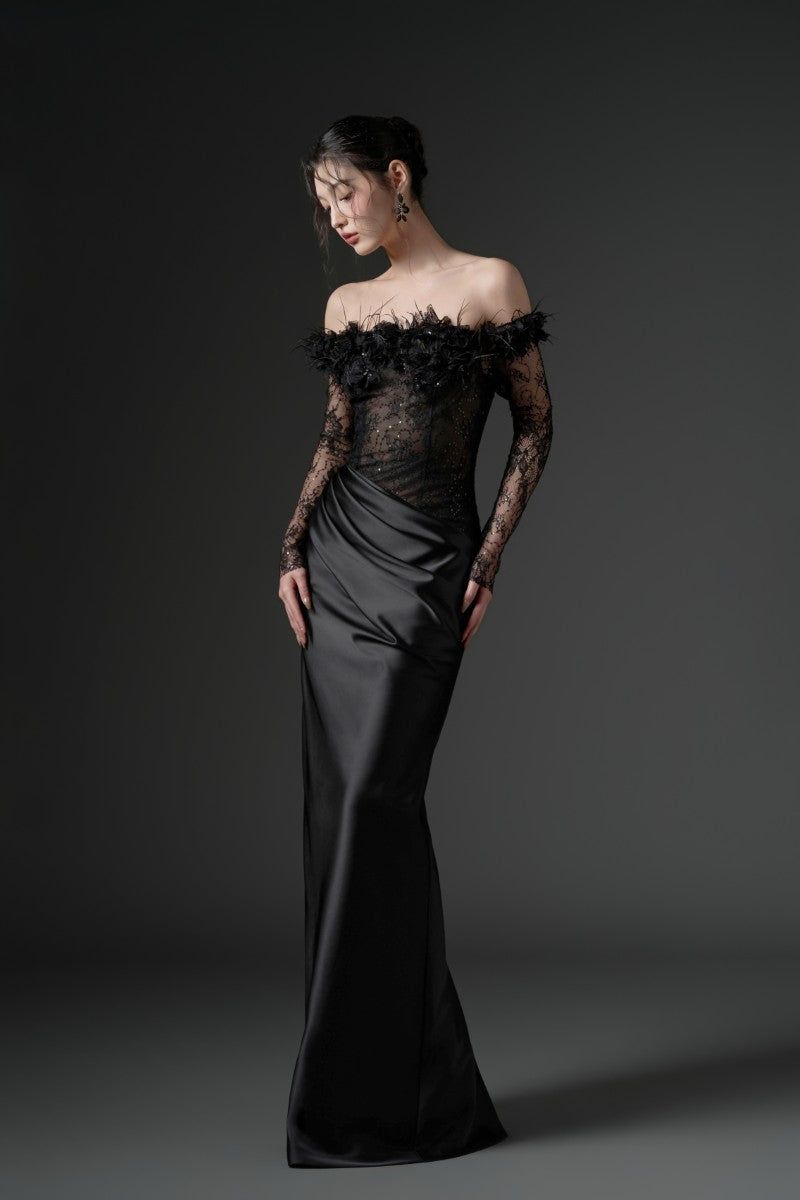 NAMLA LACE AND SILK SATIN DRESS IN BLACK - CULT MIA
