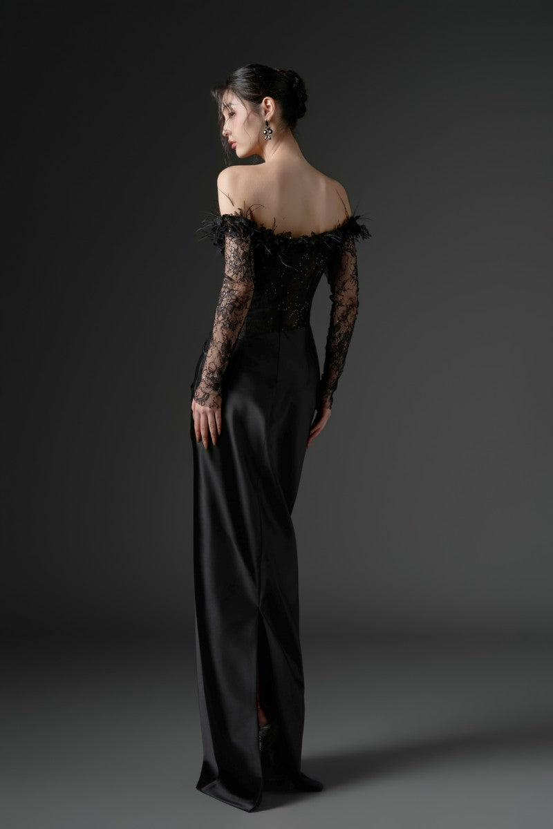 black satin dress with lace Black Lace Cut-out Long Silk Slip Dress
