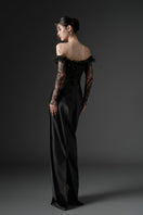 Black NAMLA lace and silk satin gown by 21Six, featuring elegant lace details and smooth satin fabric.