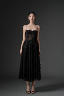 Black GHAZAL lace strappy midi dress by 21Six, featuring delicate lace details and a fitted silhouette, displayed on a mannequin.