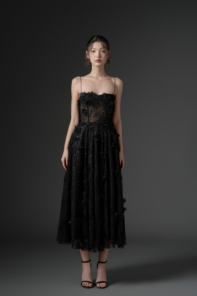 Black GHAZAL lace strappy gown by 21Six, featuring elegant lace details and a sleek, fitted silhouette.