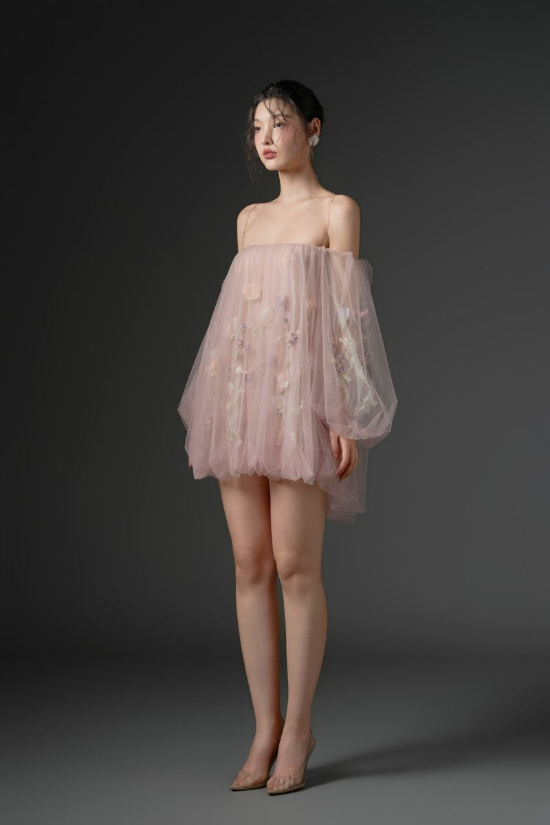 Pink tulle flower dress by 21Six, a stylish mini dress with floral details perfect for special occasions.