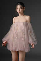 Rosy pink Sulhufah tulle flower mini dress by 21Six with delicate flower embellishments and a flowy, feminine design.