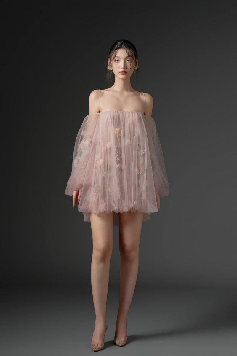 Pink tulle flower dress by 21Six, a charming mini dress with floral embellishments and soft tulle fabric for special occasions.