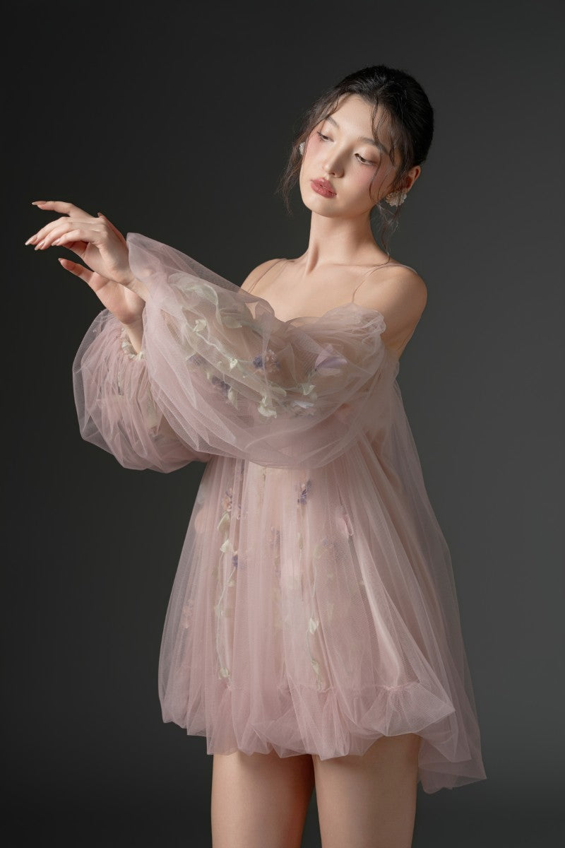 Pink tulle flower dress by 21Six, a stylish mini dress with floral embellishments for a charming, feminine look.