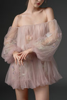 Pink tulle flower dress by 21Six, a stylish mini dress with floral embellishments perfect for special occasions.