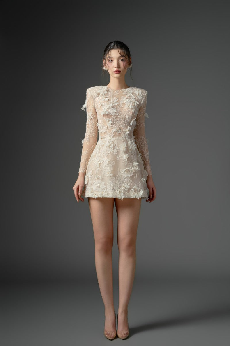 Beige DUBB lace flower mini dress by 21Six, featuring intricate lace details and a fitted silhouette.