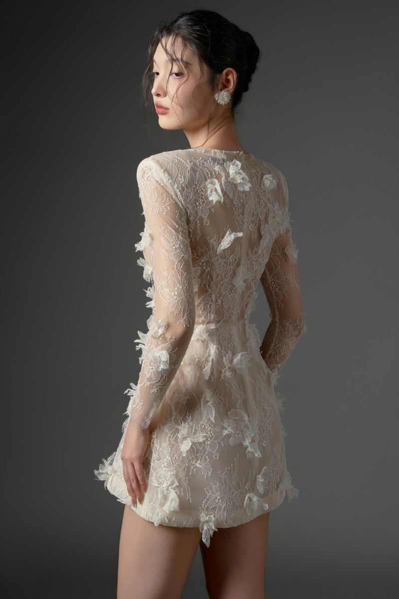 Beige DUBB lace flower mini dress by 21Six featuring delicate lace details and a feminine silhouette.