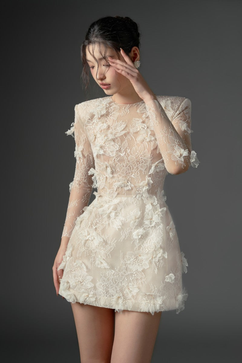 Beige DUBB lace flower mini dress by 21Six featuring intricate lace details and a feminine silhouette.