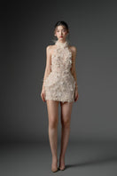 Beige ASAD lace flower and feather mini dress by 21Six, featuring intricate lace details and delicate feather accents.