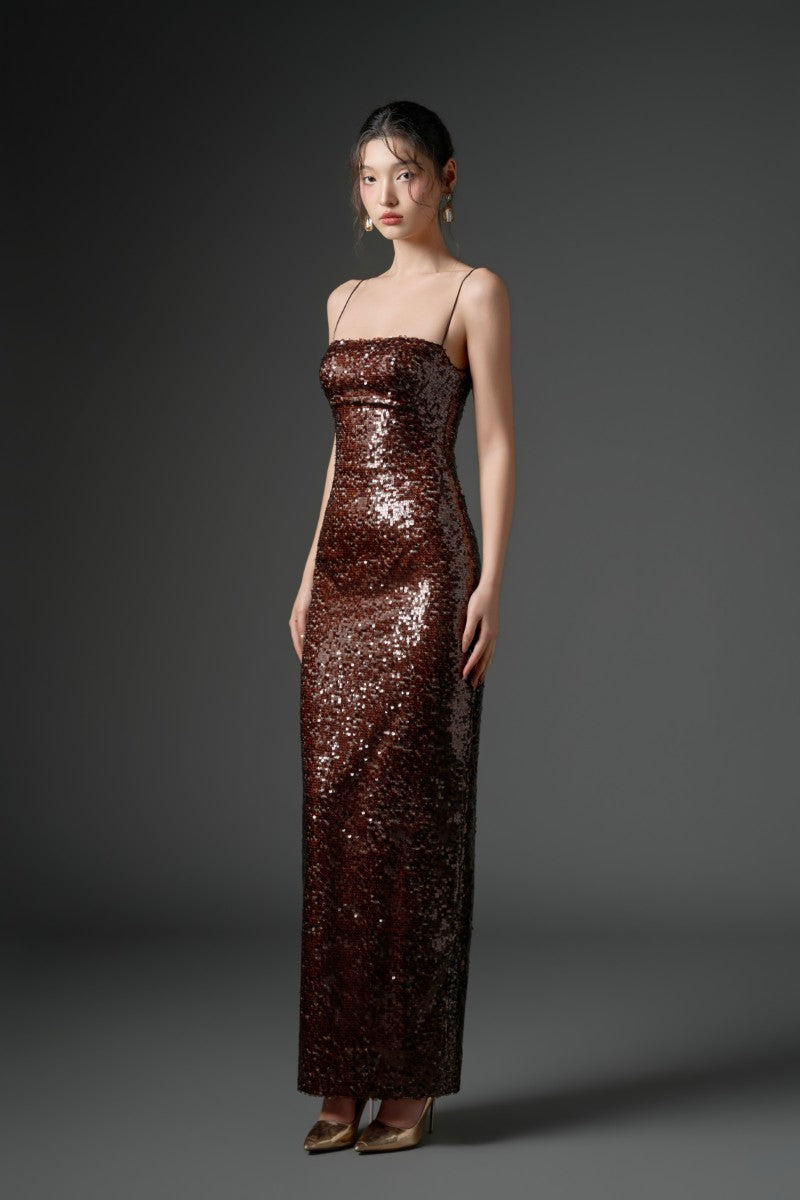 brown sequin evening dress MAEZ SEQUIN DRESS IN BROWN | CULT MIA