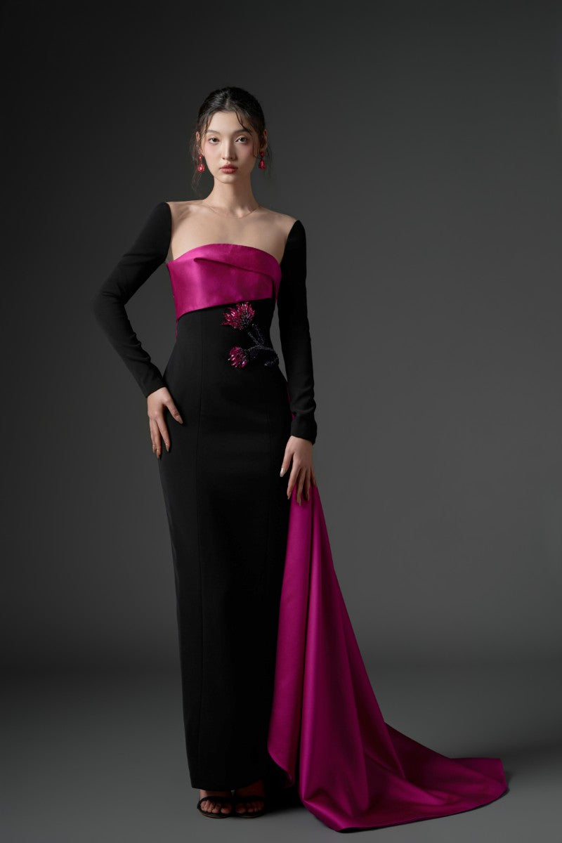 FARBIYOUN CREPE AND ROYAL TAFFETA DRESS IN BLACK AND PURPLE - CULT MIA