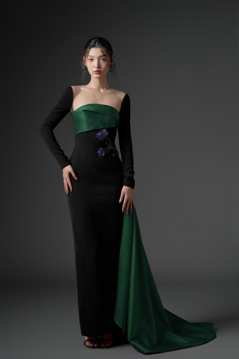 FARBIYOUN CREPE AND ROYAL TAFFETA DRESS IN BLACK AND GREEN - CULT MIA