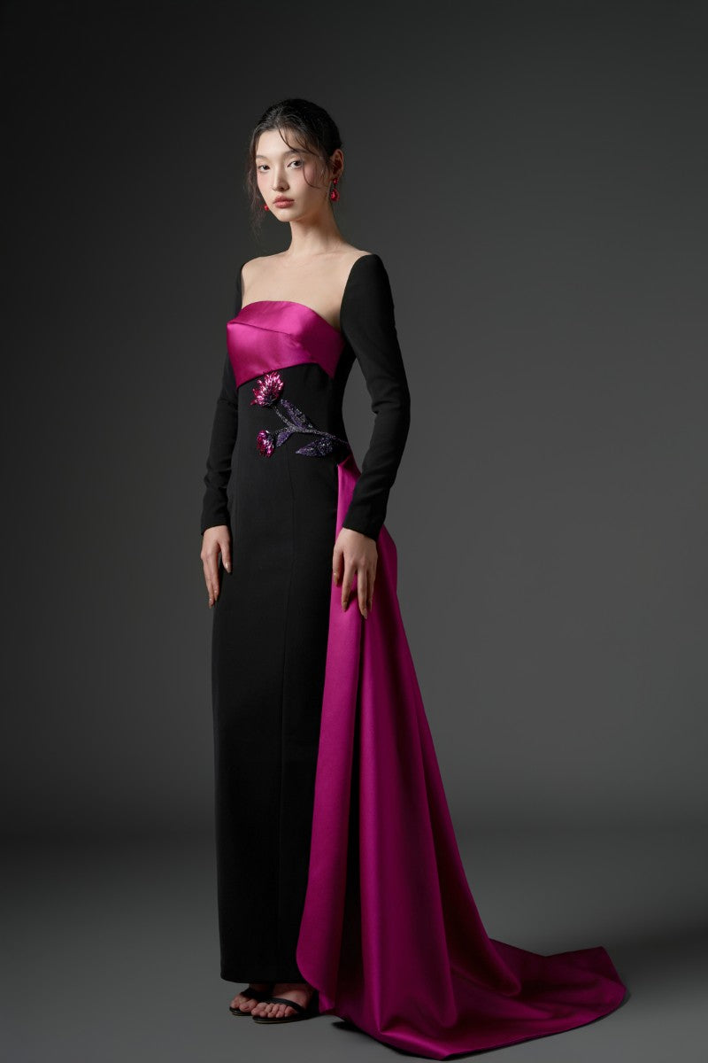 FARBIYOUN CREPE AND ROYAL TAFFETA DRESS IN BLACK AND PURPLE - CULT MIA
