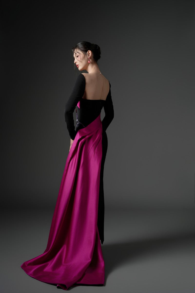FARBIYOUN CREPE AND ROYAL TAFFETA DRESS IN BLACK AND PURPLE - CULT MIA