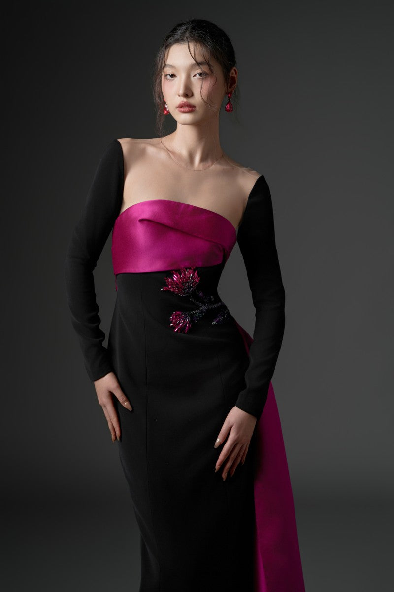 FARBIYOUN CREPE AND ROYAL TAFFETA DRESS IN BLACK AND PURPLE - CULT MIA