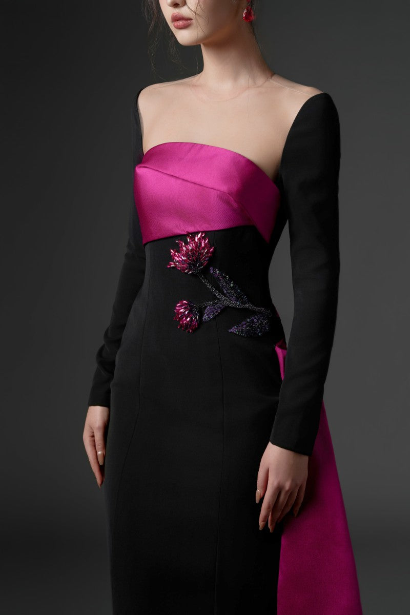 FARBIYOUN CREPE AND ROYAL TAFFETA DRESS IN BLACK AND PURPLE - CULT MIA