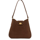 TUSTING Hazel chocolate suede shoulder bag with a sleek design and adjustable strap, showcasing soft texture and elegant style.