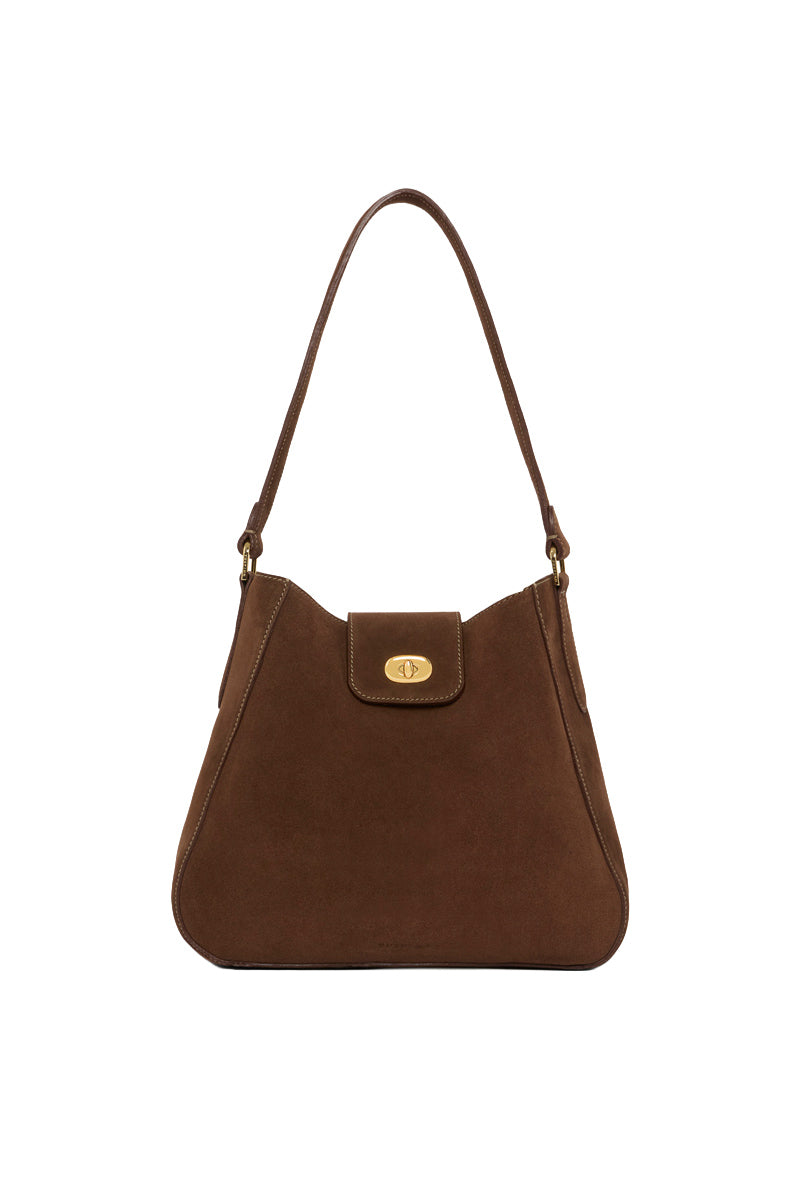 TUSTING Hazel chocolate suede shoulder bag with adjustable strap and gold-tone hardware, stylish and versatile accessory.