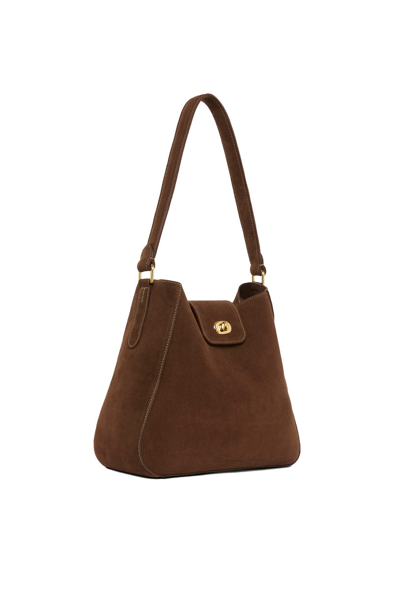 TUSTING Hazel in Chocolate Suede shoulder bag with sleek design and adjustable strap, featuring a stylish and versatile look.
