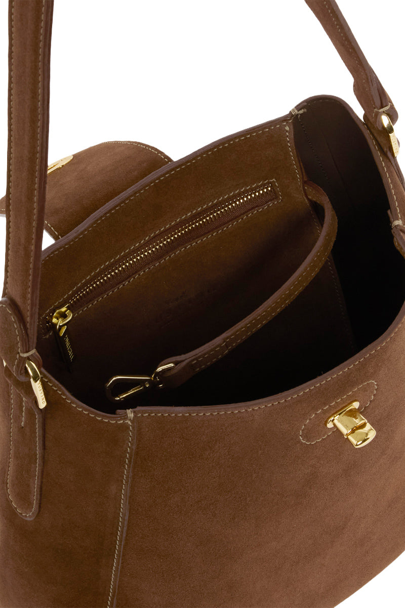 TUSTING Hazel chocolate suede shoulder bag with stylish design and adjustable strap, featuring a spacious interior for everyday use.