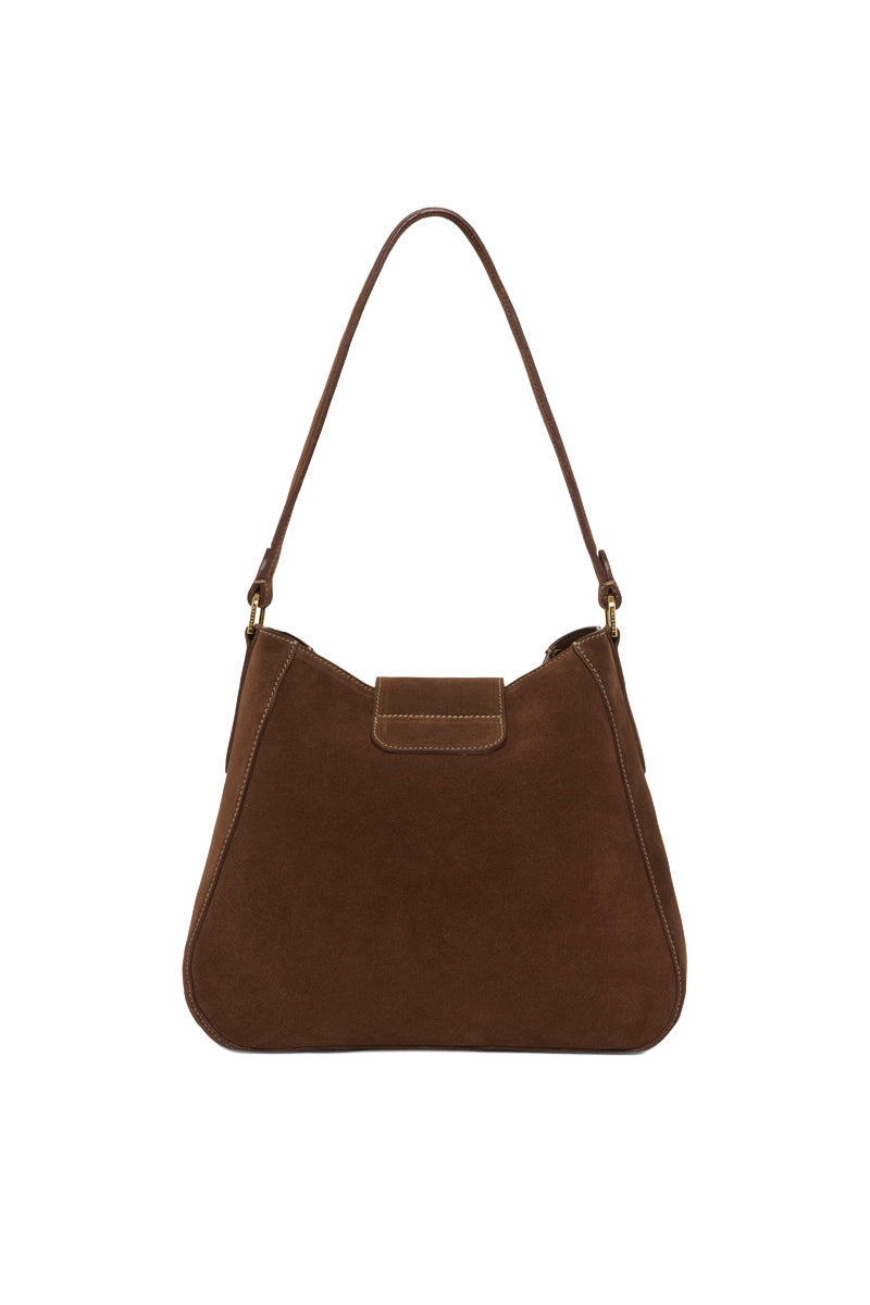 Tusting Hazel in chocolate suede shoulder bag with adjustable strap and sleek design, detailed view of the stylish accessory.