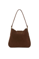 Tusting Hazel chocolate suede shoulder bag with leather strap and gold-tone hardware, stylish accessory for everyday use.