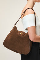 TUSTING Hazel in Chocolate Suede shoulder bag with adjustable strap and minimalist design, stylish accessory for everyday use.