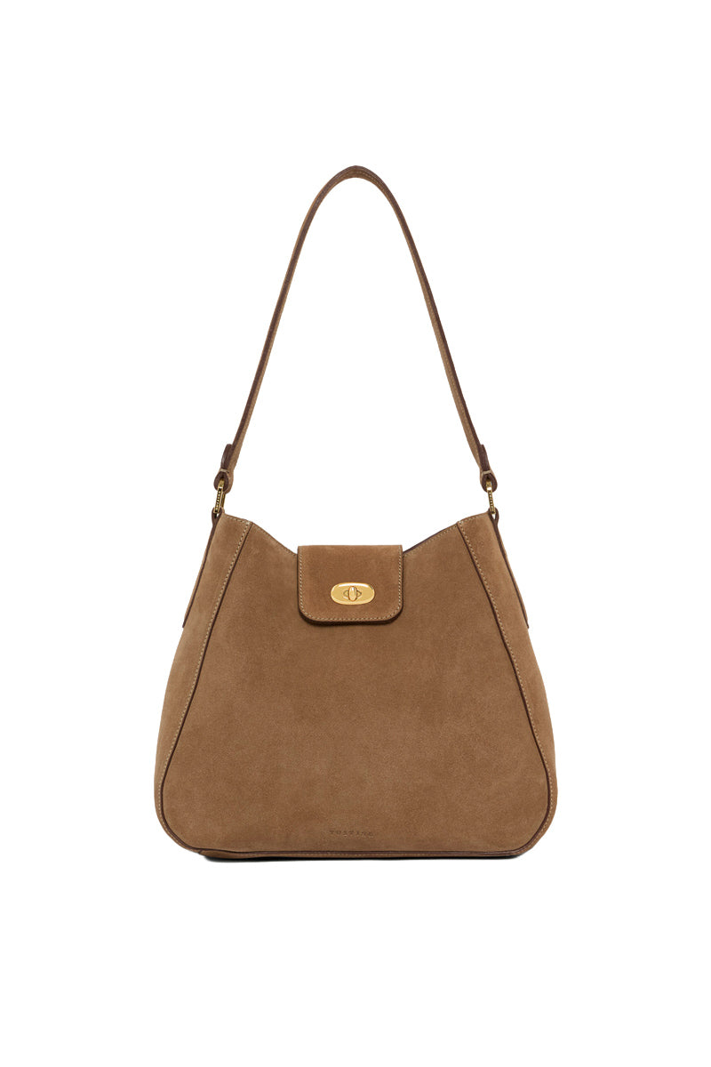 Tusting Hazel in Date Suede shoulder bag with adjustable strap and sleek design, showcasing soft suede texture and elegant style.