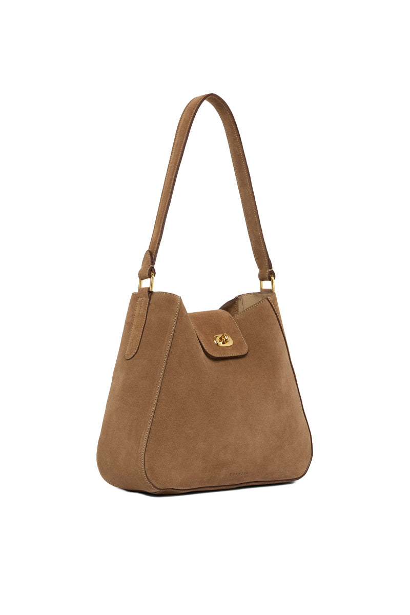 Tusting Hazel in Date Suede shoulder bag with sleek design and adjustable strap, featuring smooth suede texture and minimalist style.