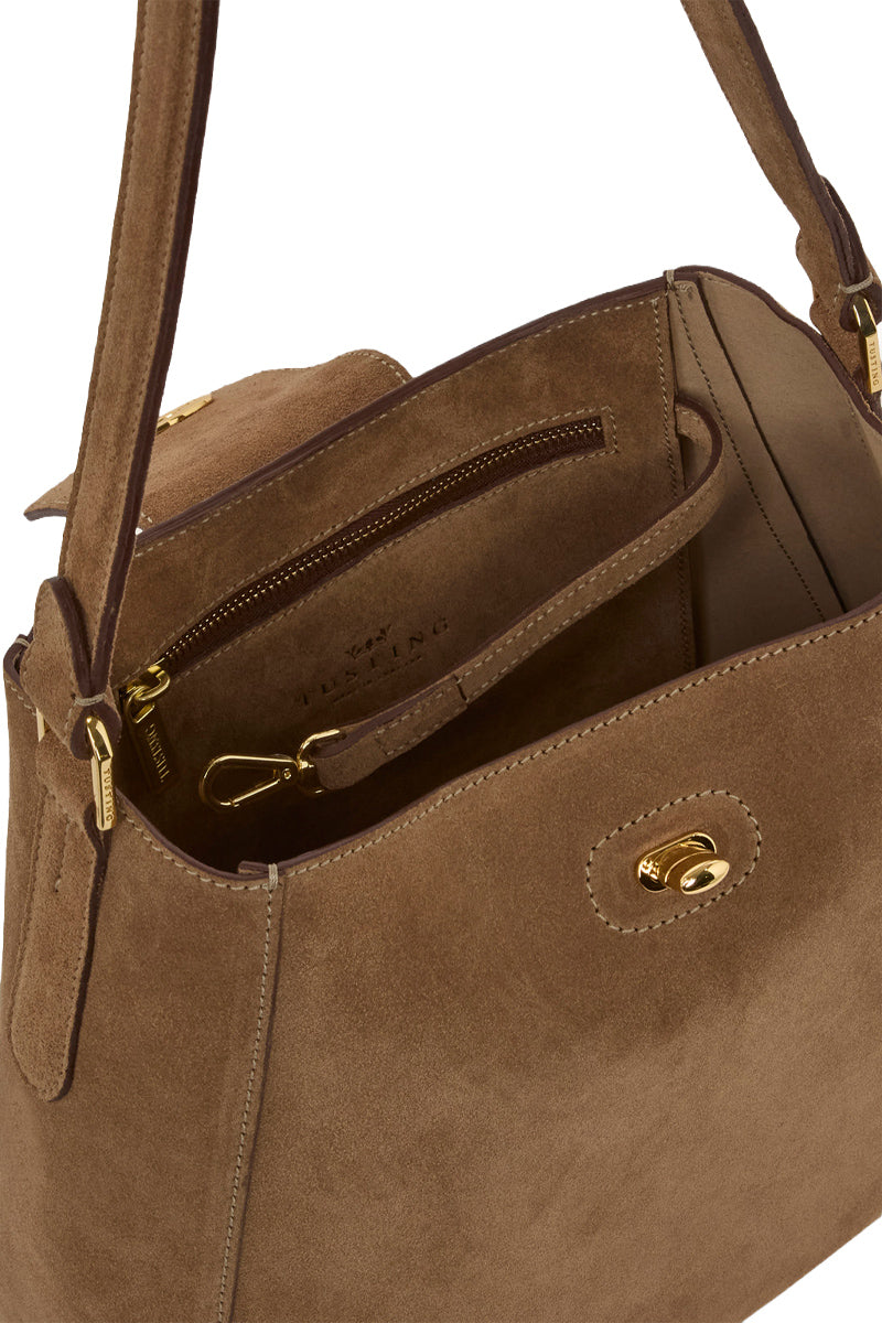 TUSTING Hazel in Date suede shoulder bag with adjustable strap and sleek design, featuring a soft, textured finish.